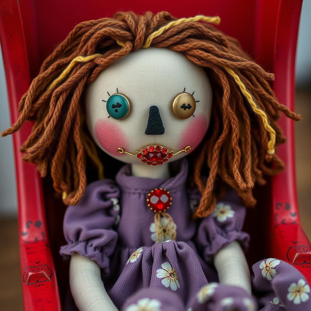 Whimsical 3D Doll Close-Up in a Child's Chair