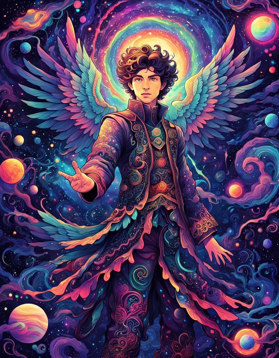 Celestial Man With Wings in Cosmic Fantasy