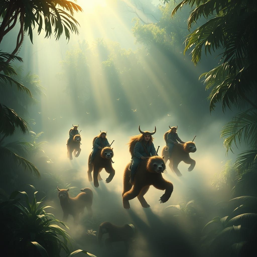 Mystical Sloth Riders in Misty Jungle