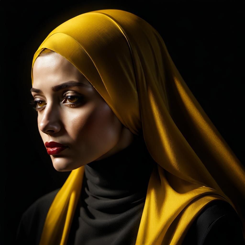Woman in Yellow Hijab in Chiaroscuro Style