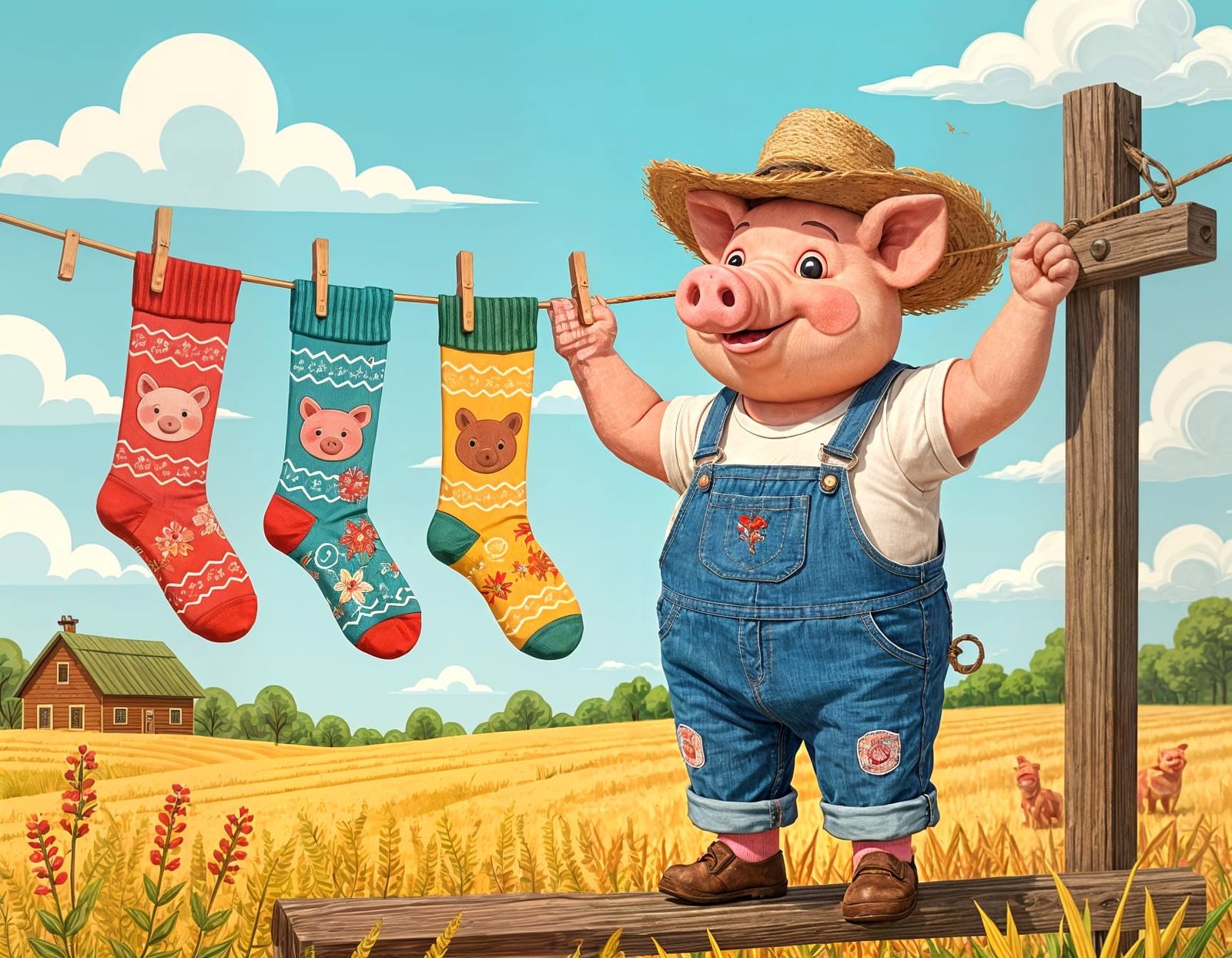 Pig Farmer Hanging Socks, Abstract Vector Art