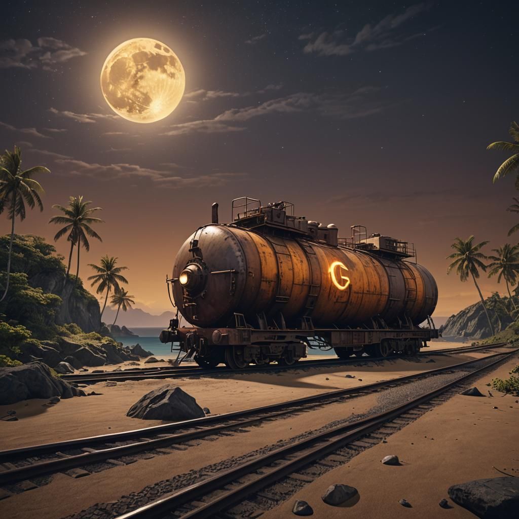 Pacific Island Railway Tank Car Under Amber Moon