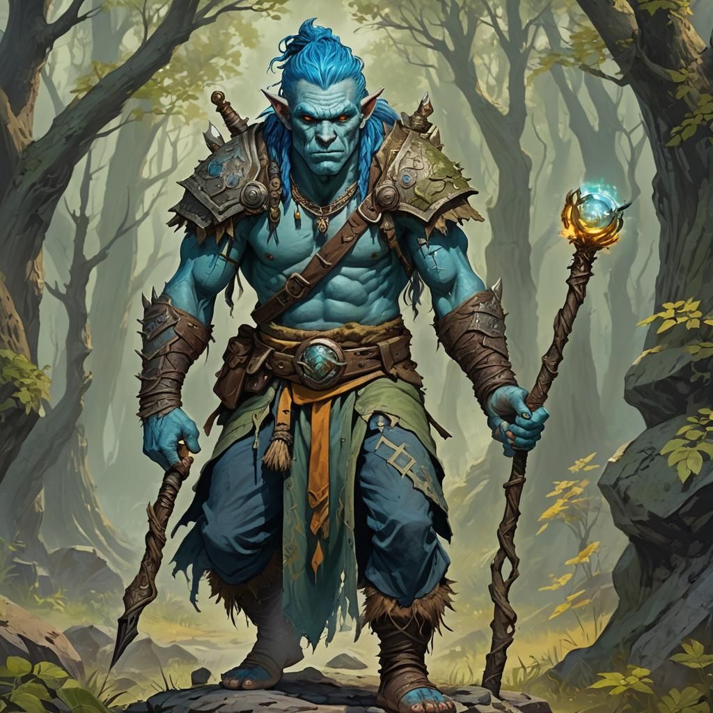 Blue-Haired Orc Druid with Magic Staff