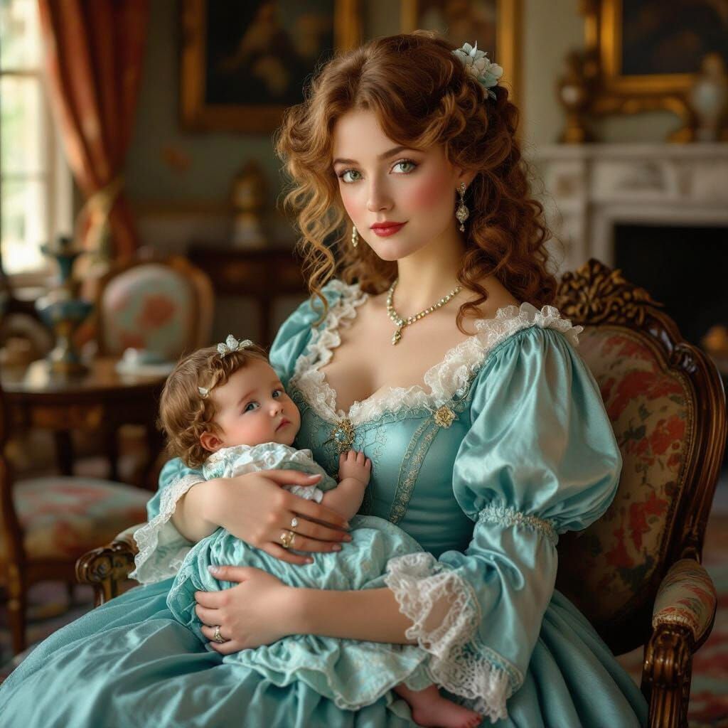 Edwardian Heiress with Baby in Lavish Castle Drawing Room