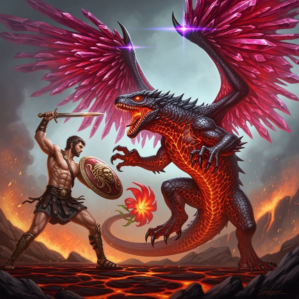 Greek Hero Theseus Battles Lava Lizard in Epic Fantasy Art