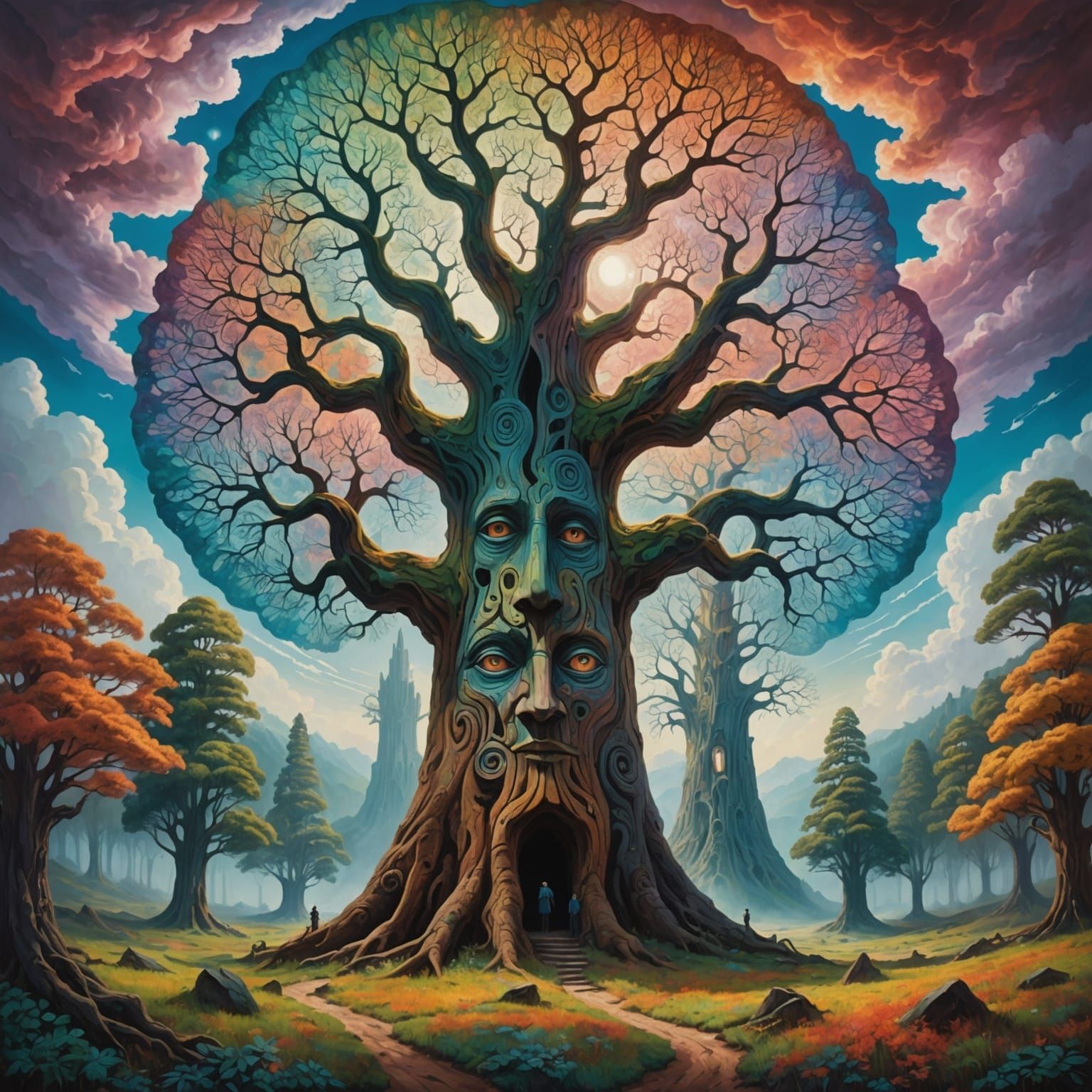 A surreal, uncanny landscape where towering, sentient trees with faces carved into their bark stand guard over a dreamli...