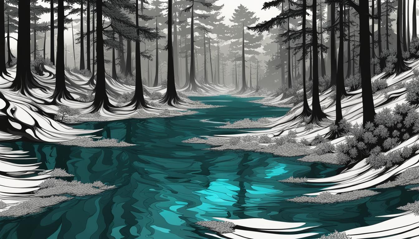 Forest Stream with Pines and Hemlocks in Abstract Style