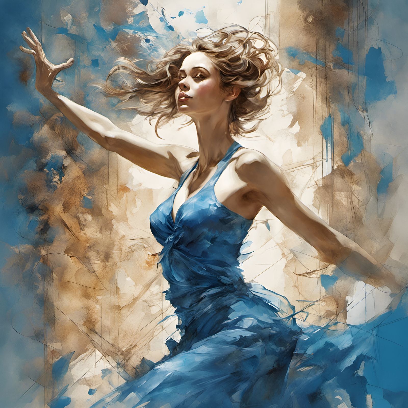 Stunning Woman in Blue Dress, Digital Illustration