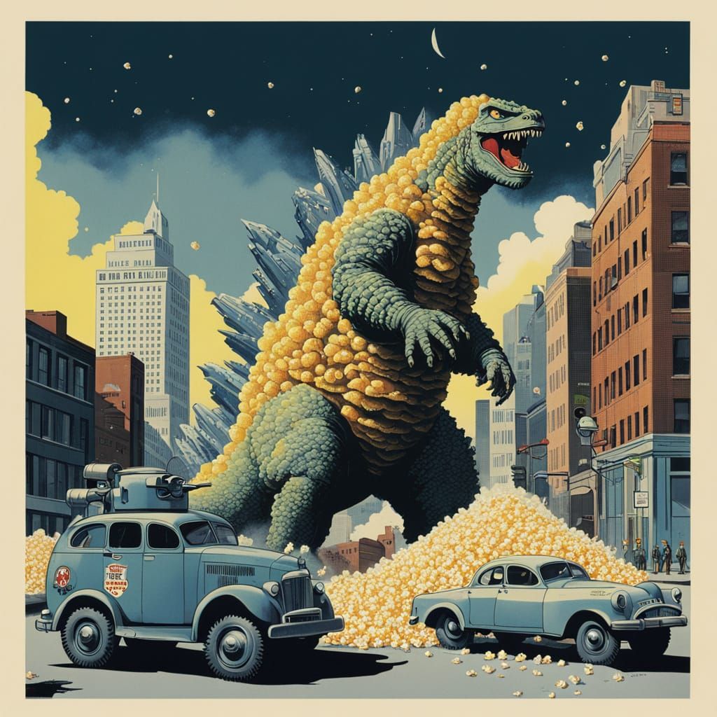 Giant Popcorn Monster Attacks City: 50s B-Movie Style