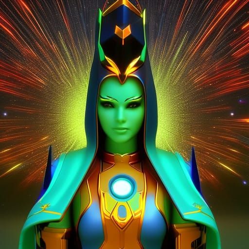 Galactic Atlantean Priestess Portrait in Neon Vaporwave