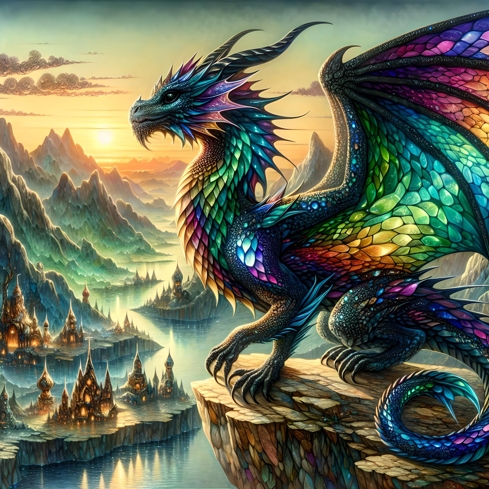 Majestic Jeweled Dragon on Mountain Cliff