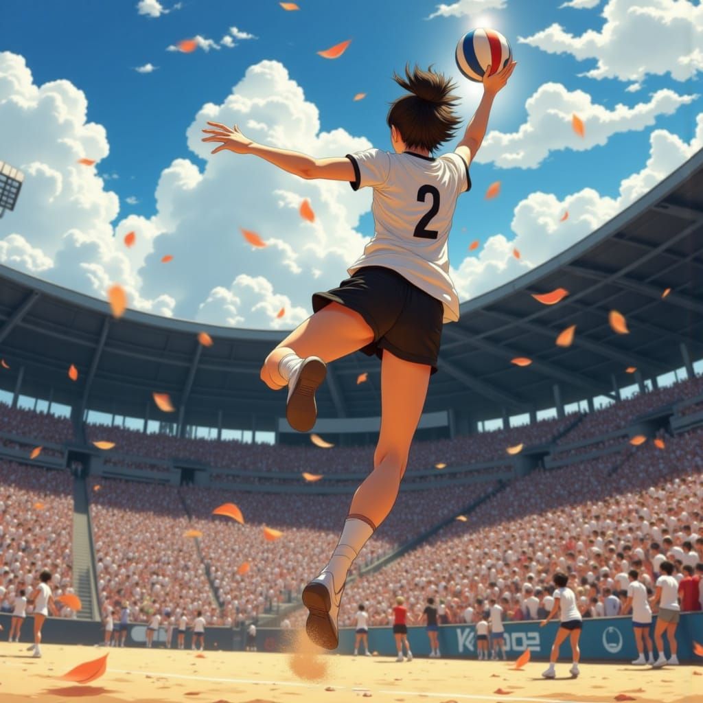 Anime Volleyball Star Spiking in Stadium