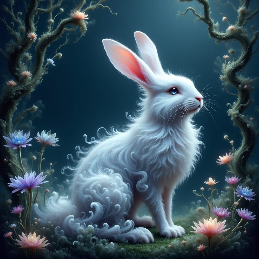 Ethereal Rabbit in Mystical Moonlit Forest