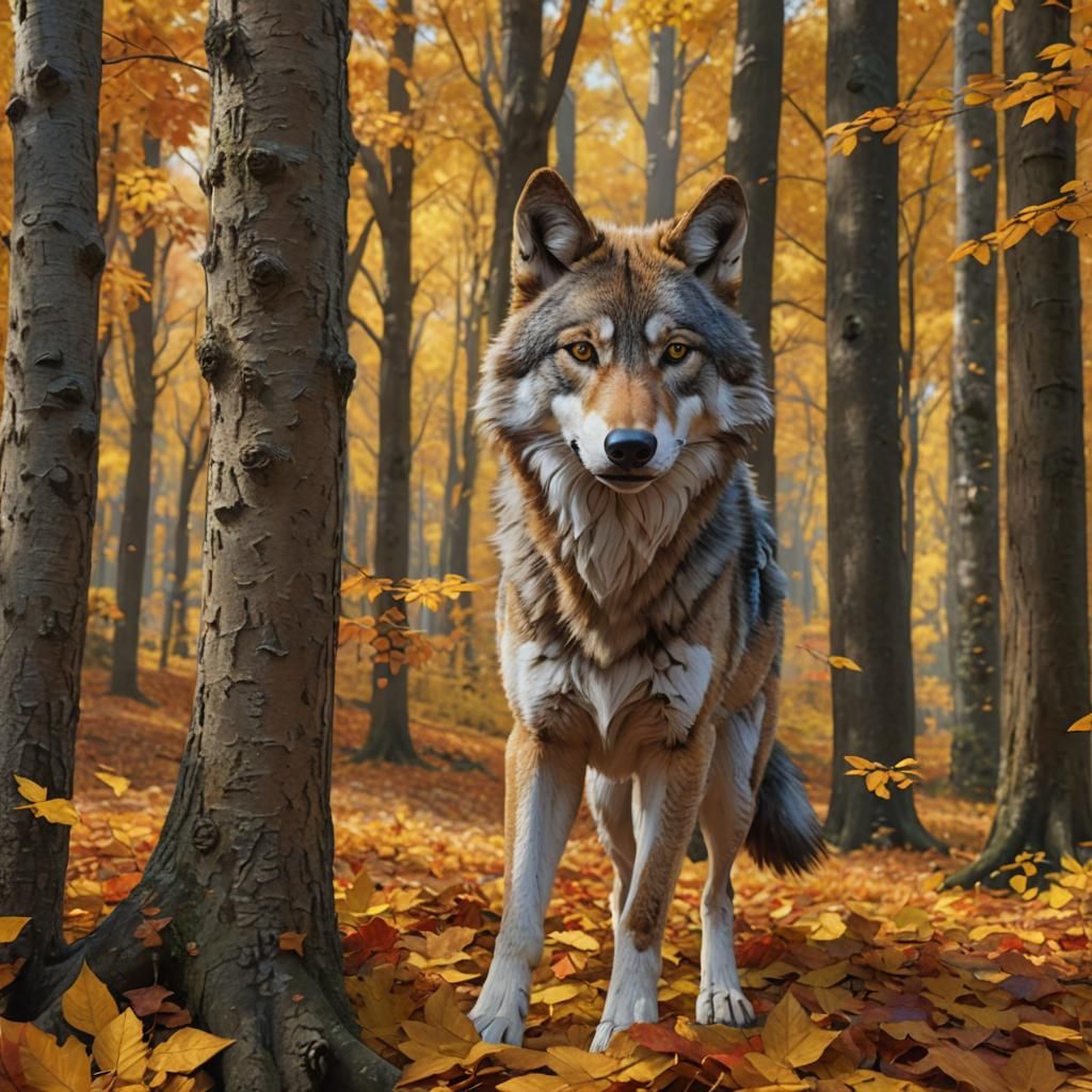 A curious wolf exploring a vibrant autumn forest, adorned with a tapestry of golden leaves, fiery foliage, and cool cris...