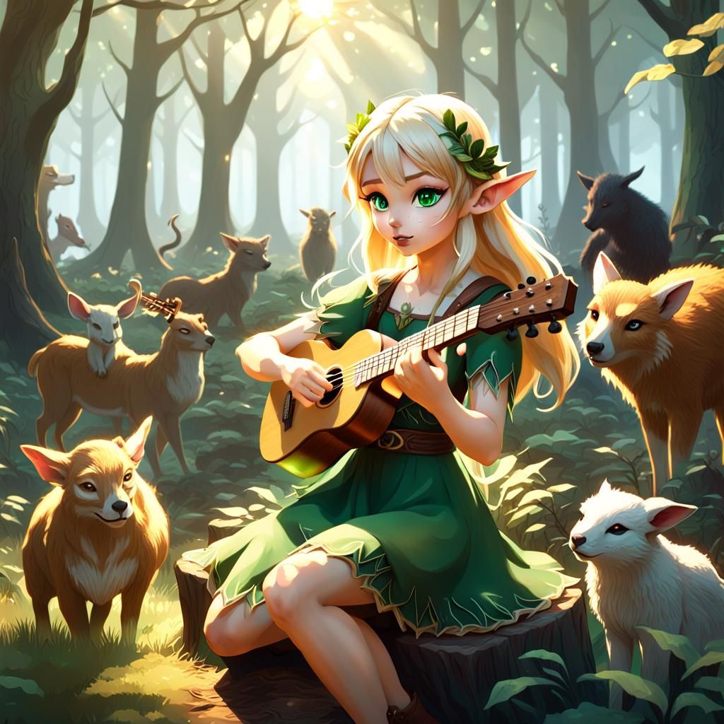 Elf Druid Plays Ukulele in Forest Clearing