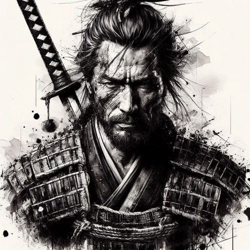 Samurai Portrait in Ink Splash Art Style