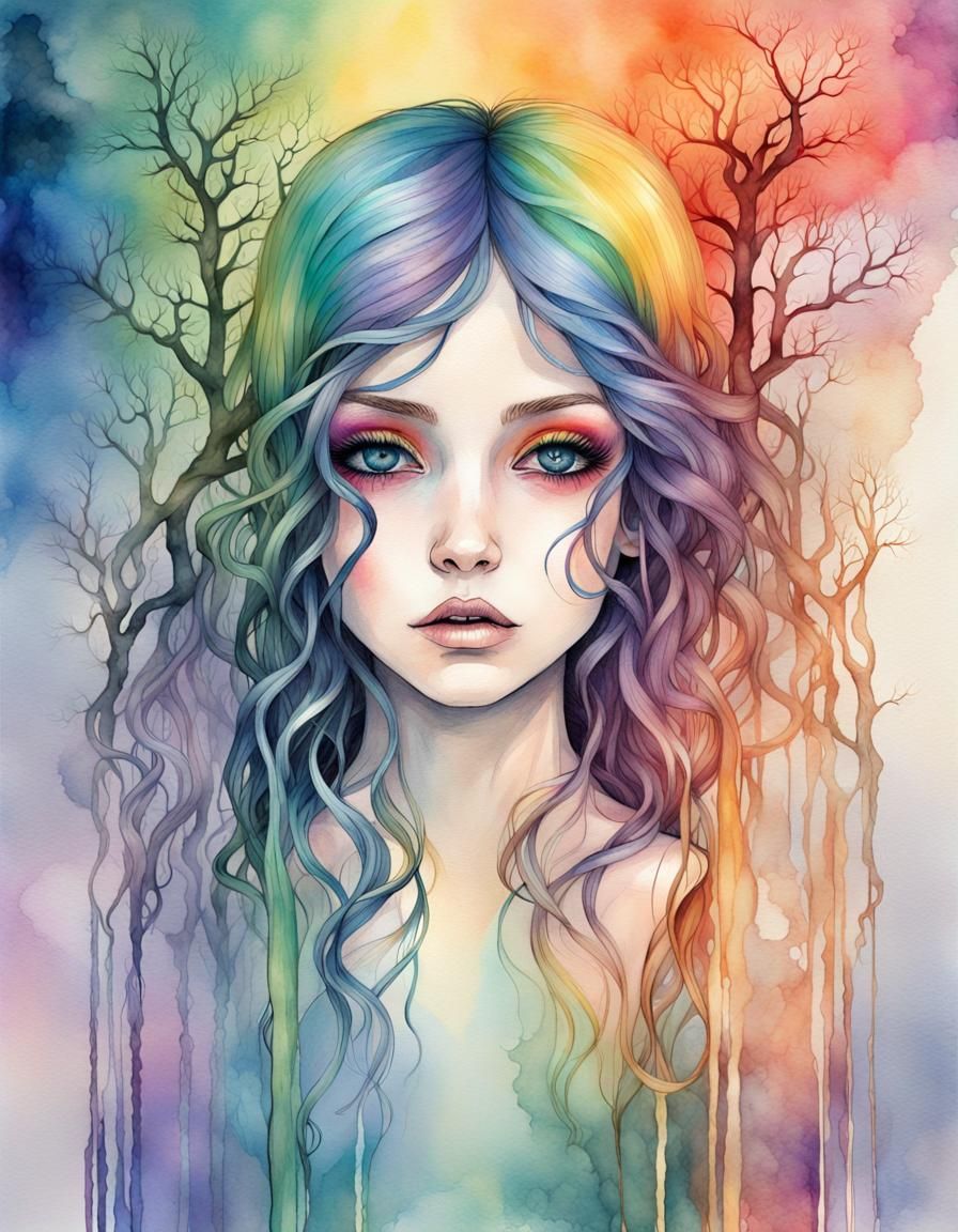 Ethereal Raven with Rainbow Magic, Watercolor Style