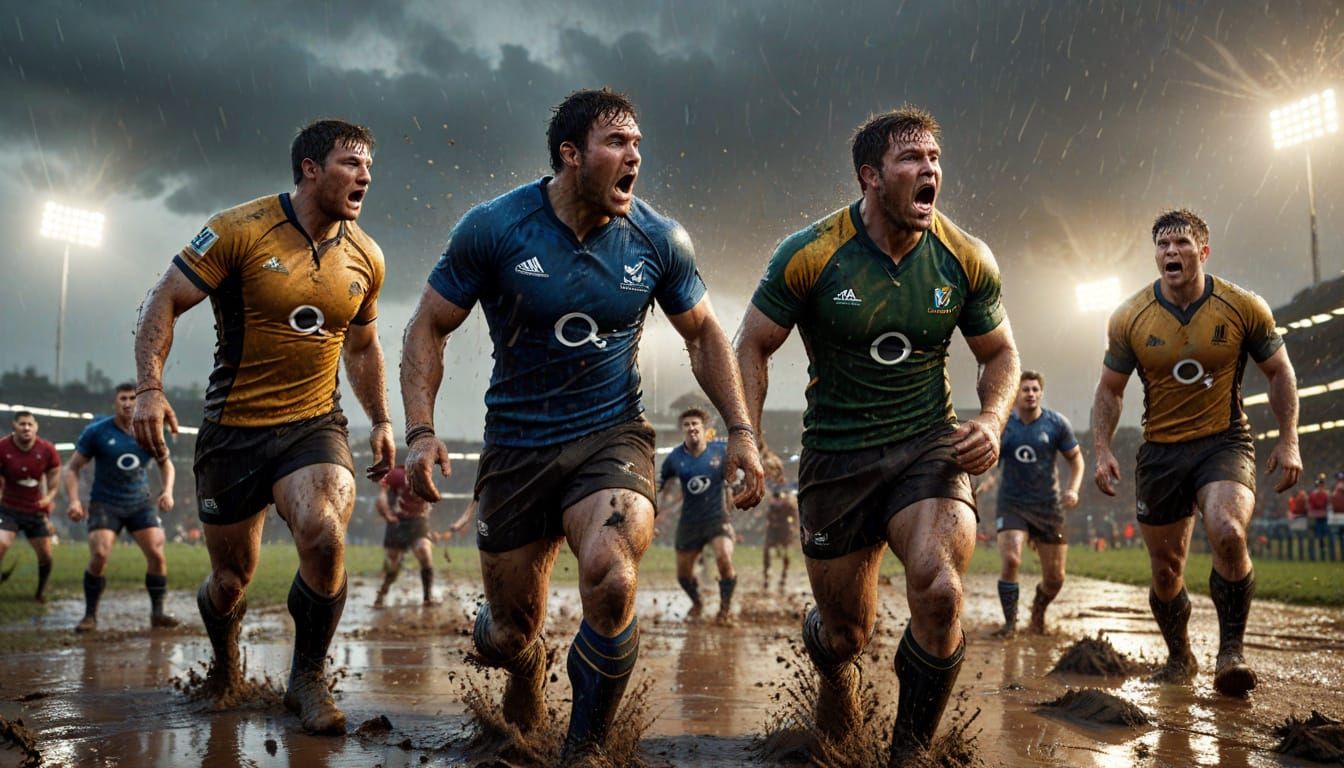 Rugby Players Clash on Waterlogged Field: Surreal Digital Ar...