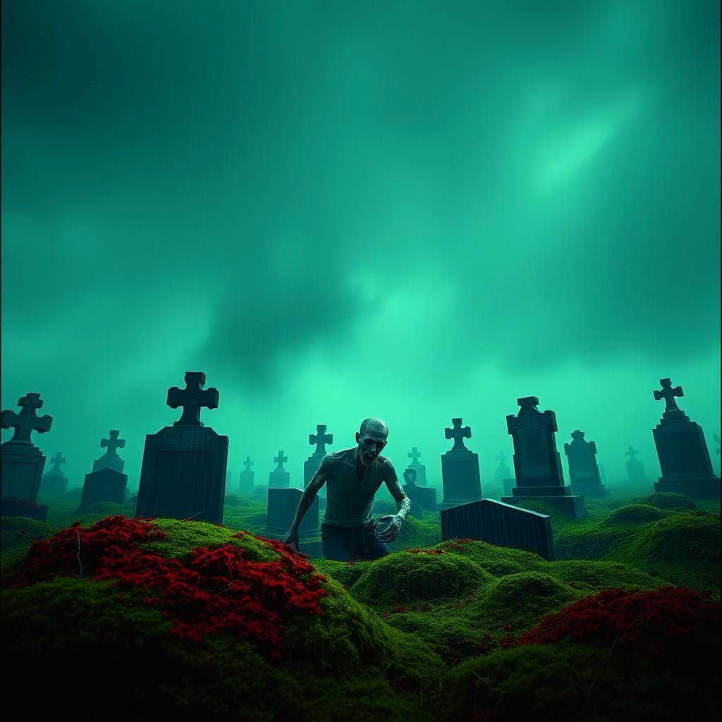 Zombie Awakens Amidst Blood Rain in a Desolate Cemetery