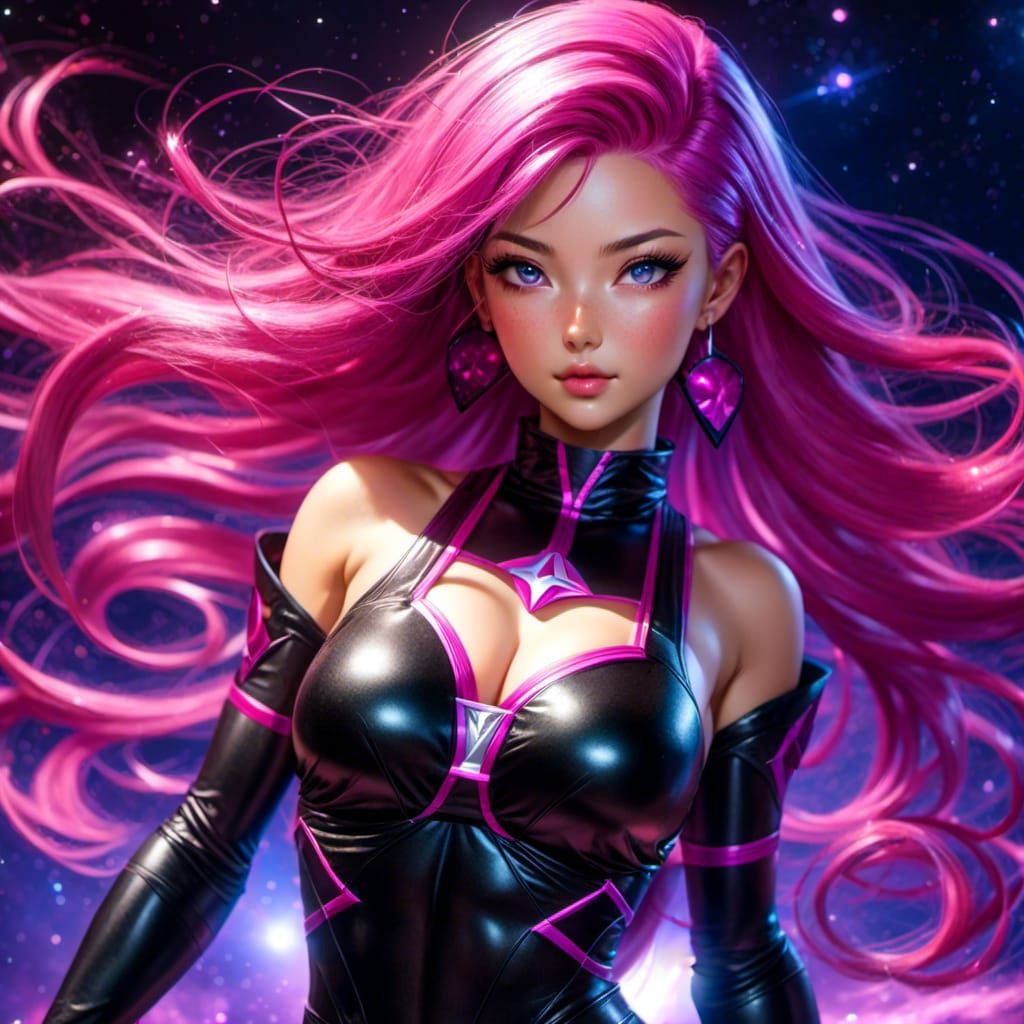 Woman Drifting Through Nebula in Neon Outfit