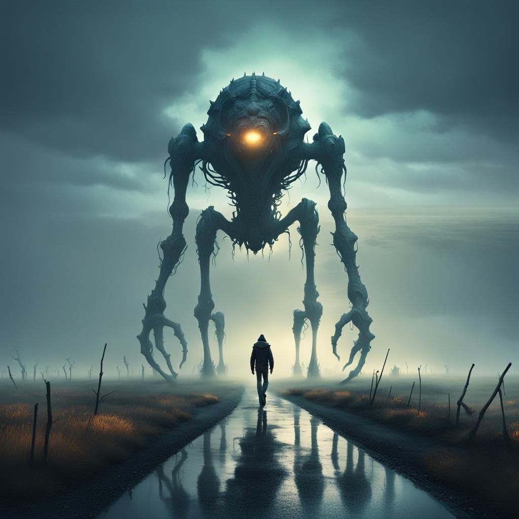 Gigantic Creature Walks in Foggy Distance