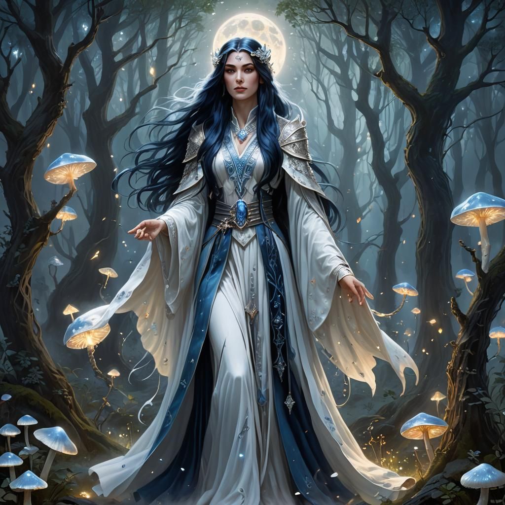 Ethereal Aasimar Sorceress in Moonlit Forest