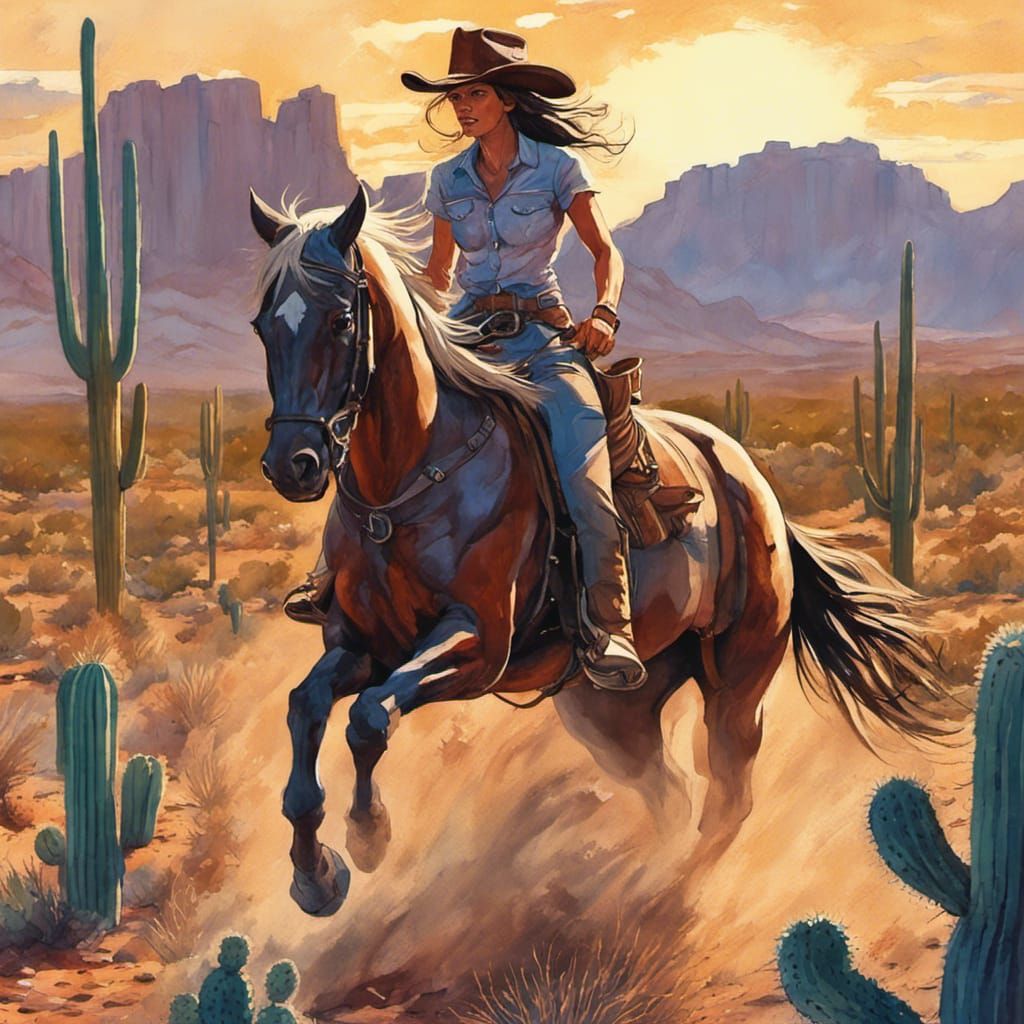 Cowgirl Rides Horse in Desert, Comic Book Art