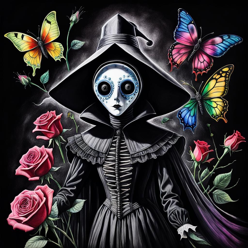 Surreal Plague Doctor and Goth Woman Crayon Drawing