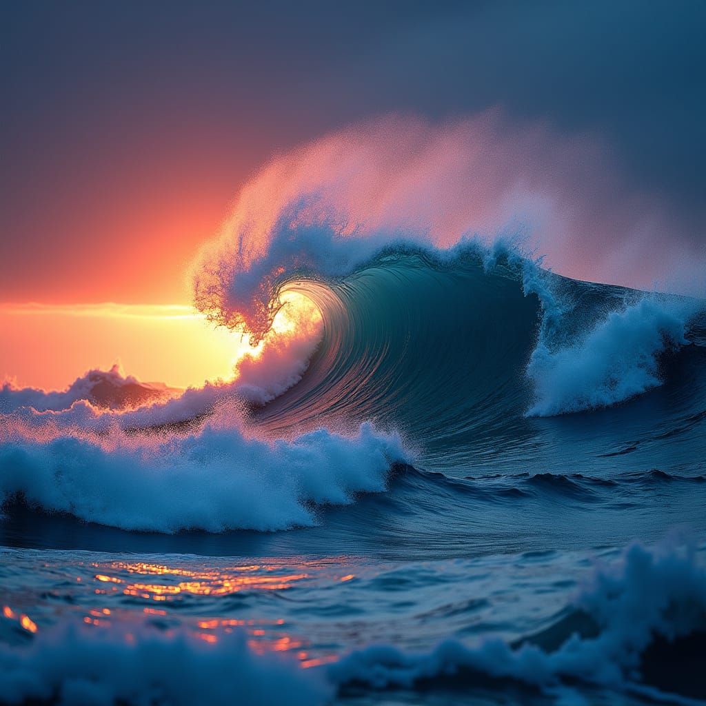Crystalline Waves at Sunset: Hyperrealistic Ocean Storm