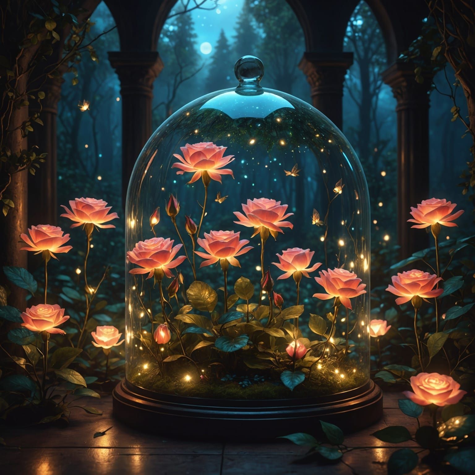 Illuminated Rose in Fairy Forest: Digital Painting