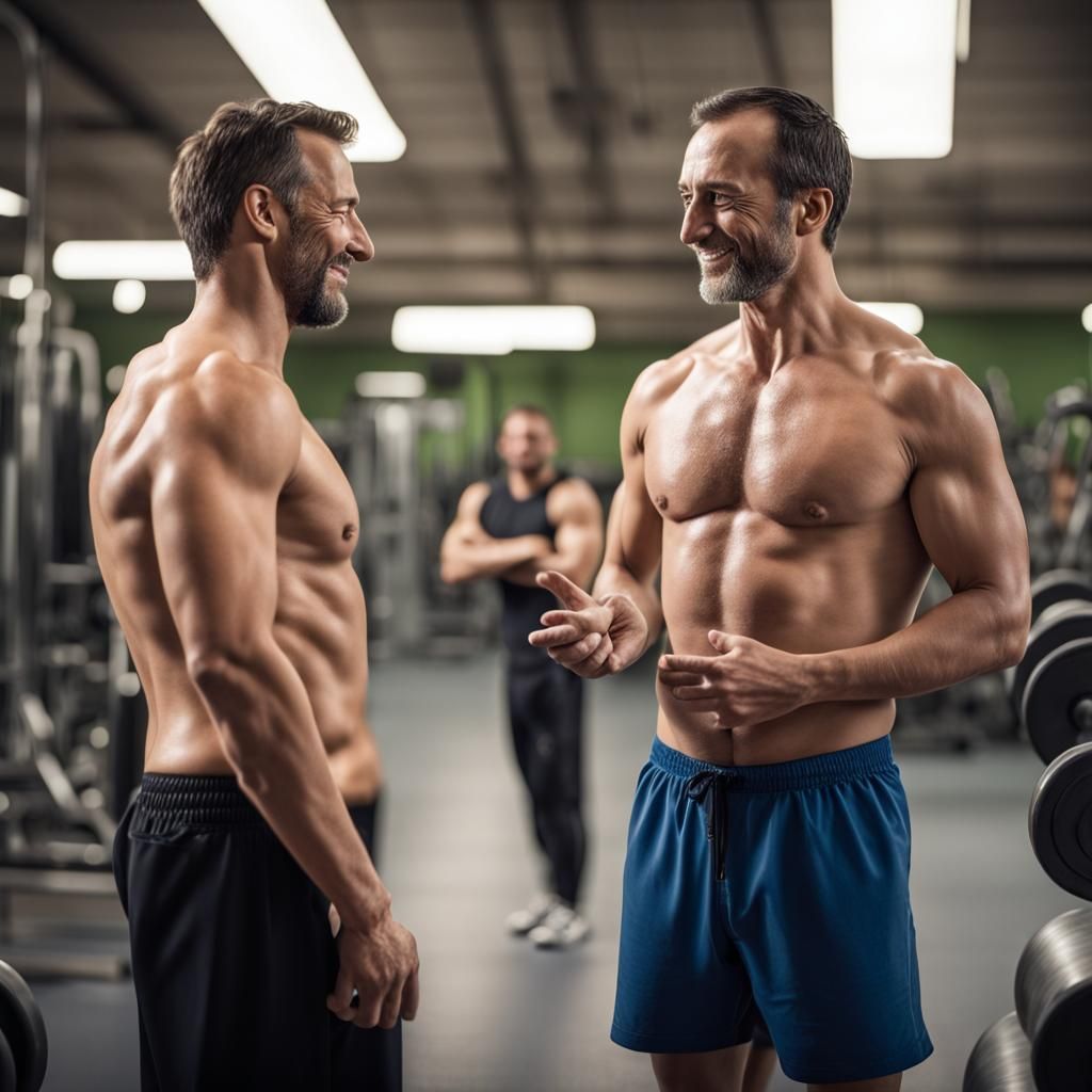 Shirtless Man Chatting at Gym: Photorealistic Image