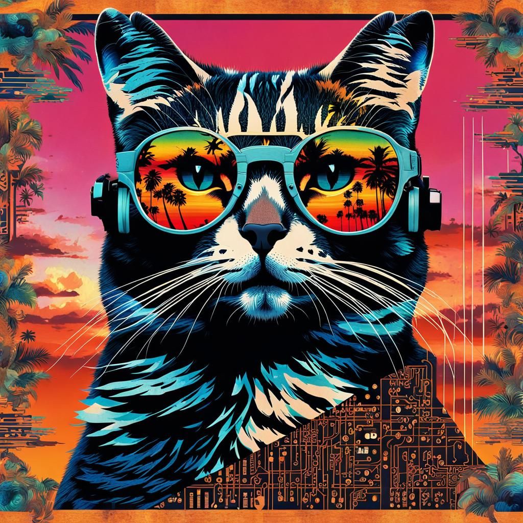 Vaporwave Collage with Cat Bust and Japanese Text