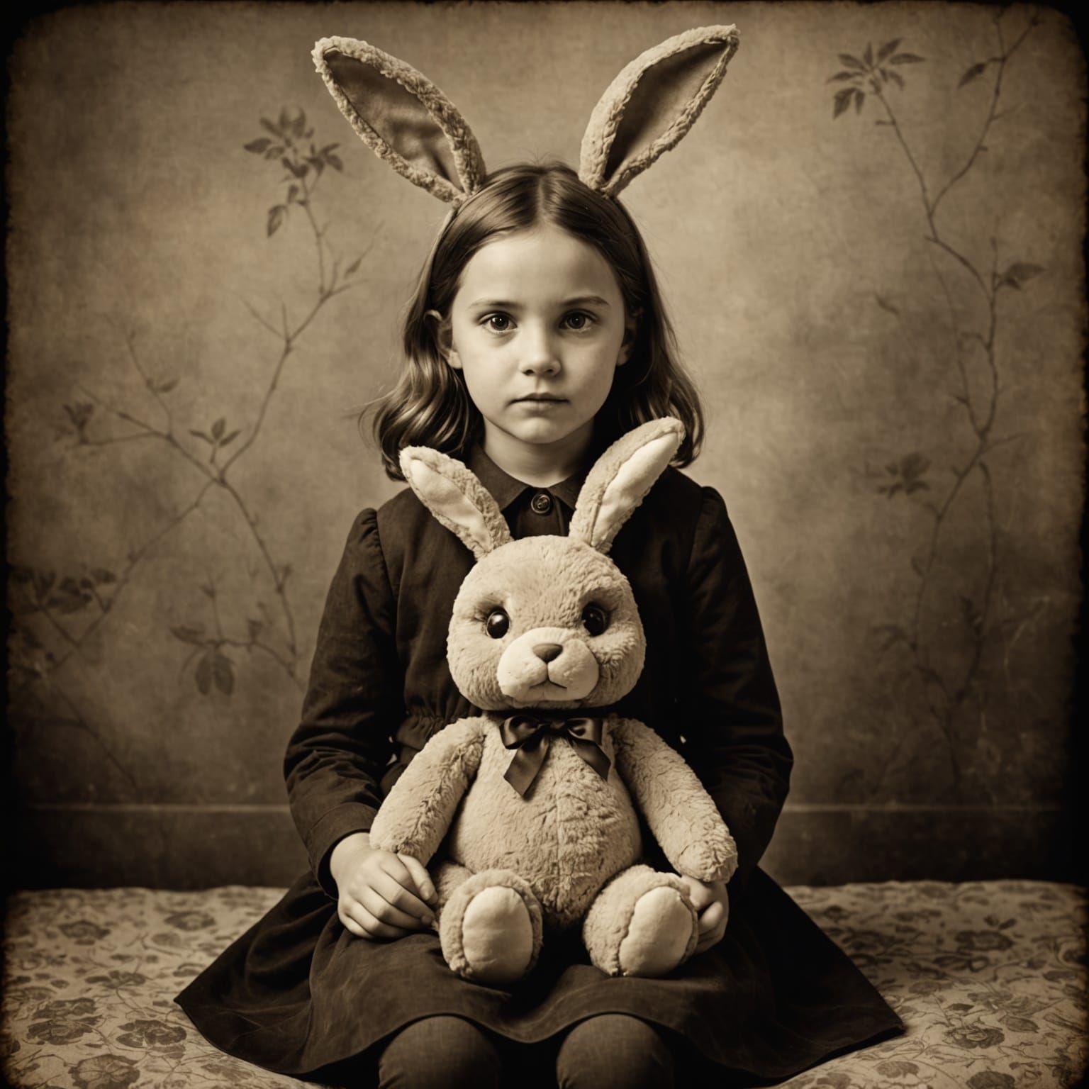 Creepy Giant Plush Bunny with Girl in Vintage Sepia Photo