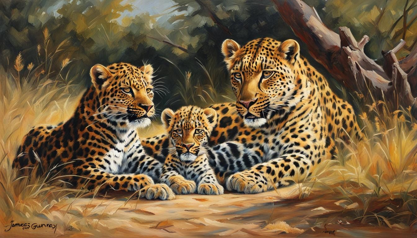Leopard and Cub: An Oil Painting