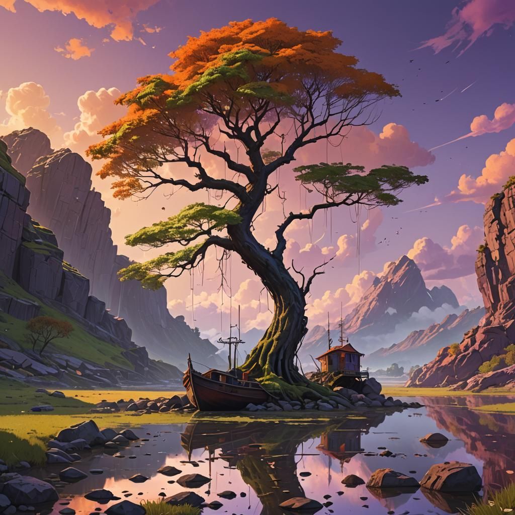 Fantastical Tree on Lagoon's Edge in Sunset Light