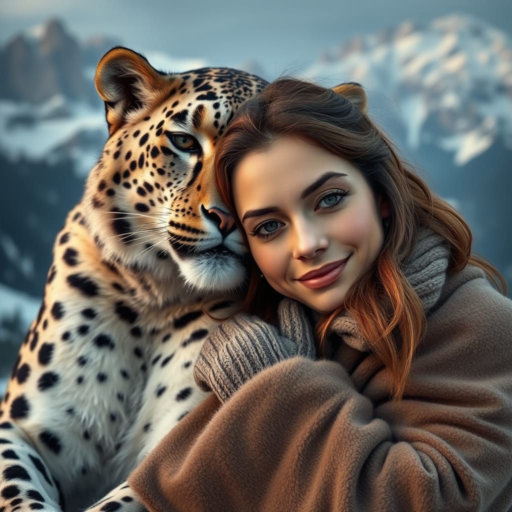 Woman and Snow Leopard in Hyperrealistic Style