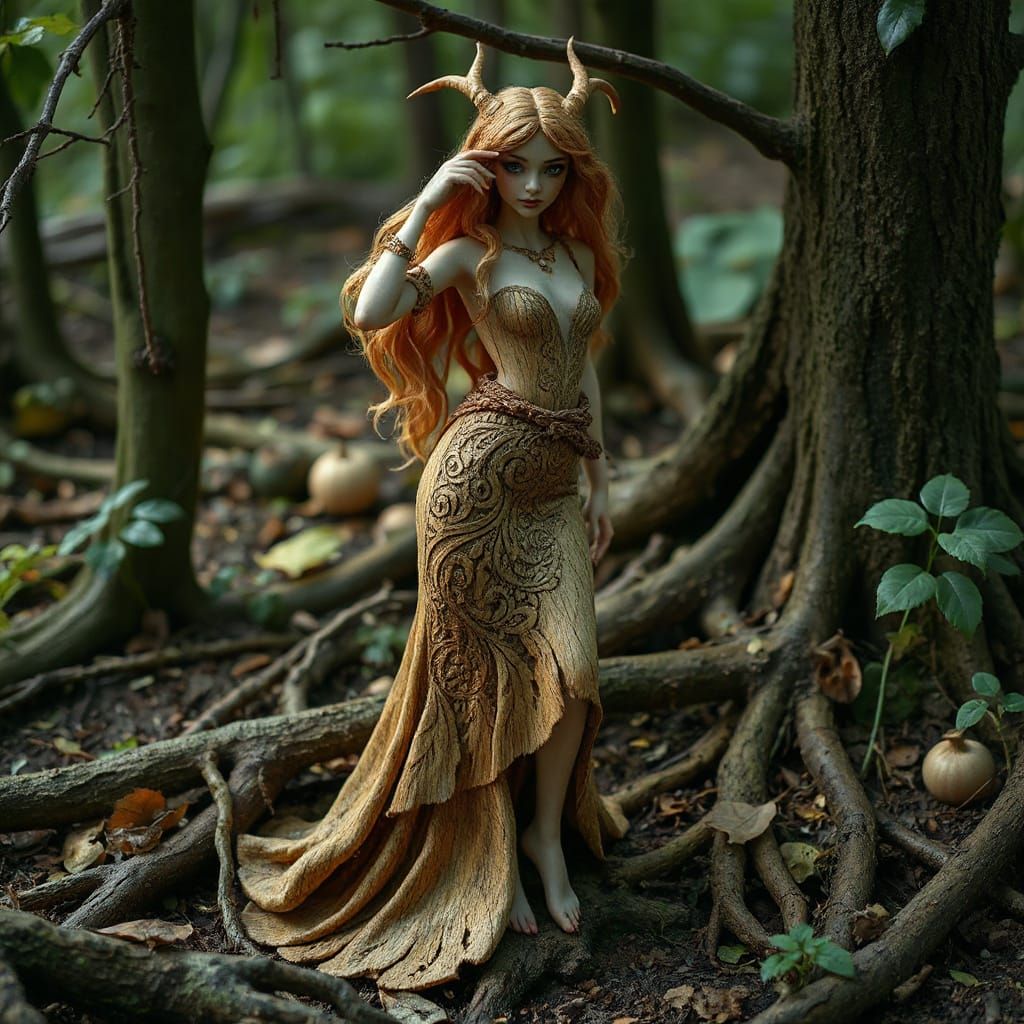 Dryad in Wooden Gown Amidst Whimsical Forest