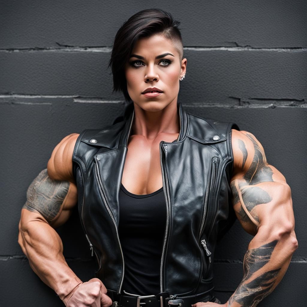 Muscular Biker Woman Flexing Biceps Portrait