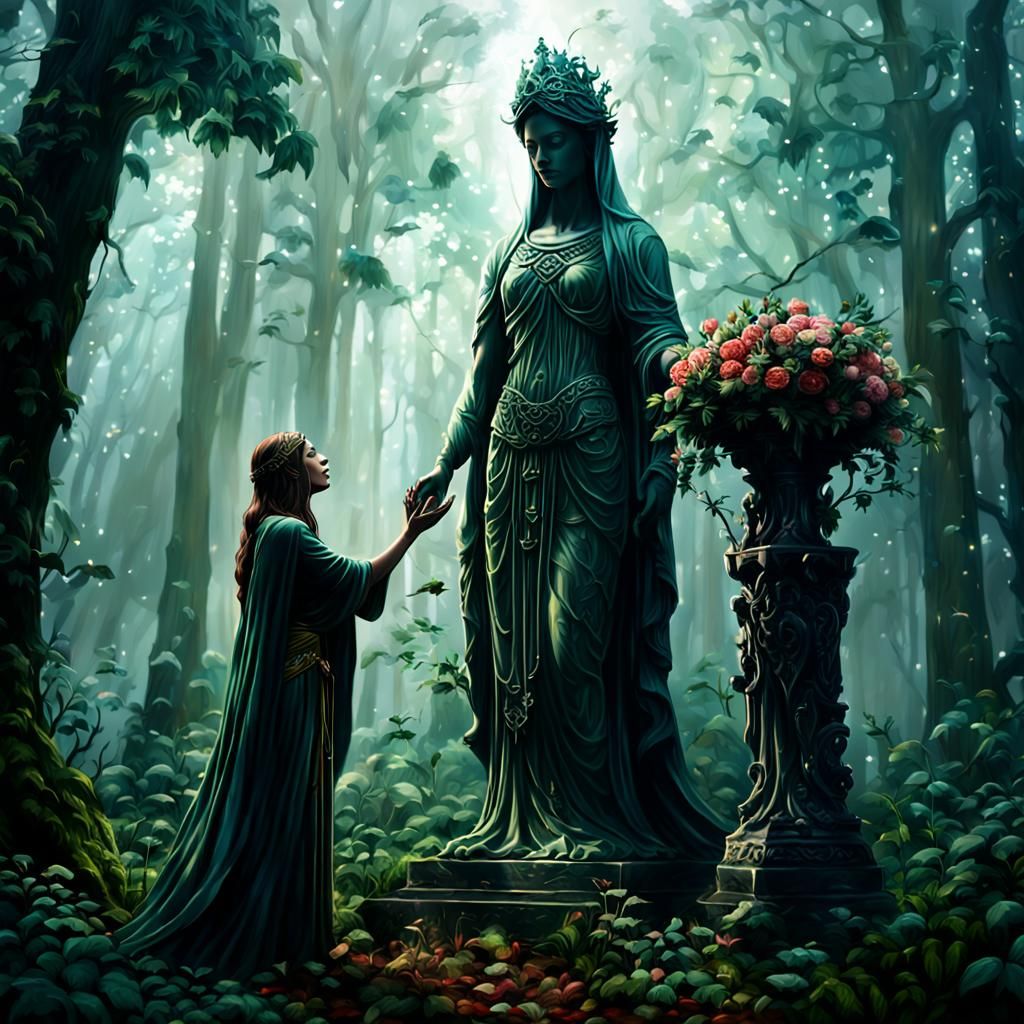 Veiled Woman Offers Flowers to Forest Goddess