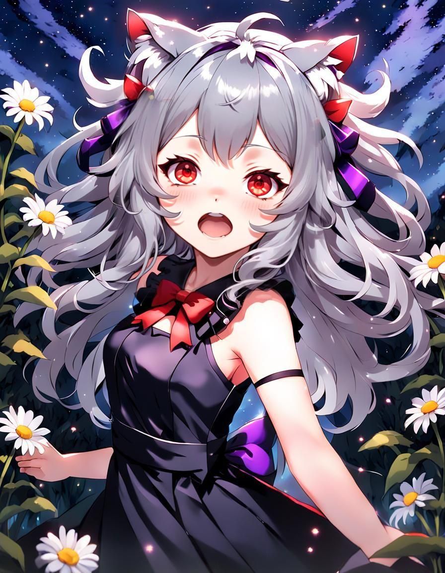 Adorable Anime Catgirl with Red Eyes in Starry Night
