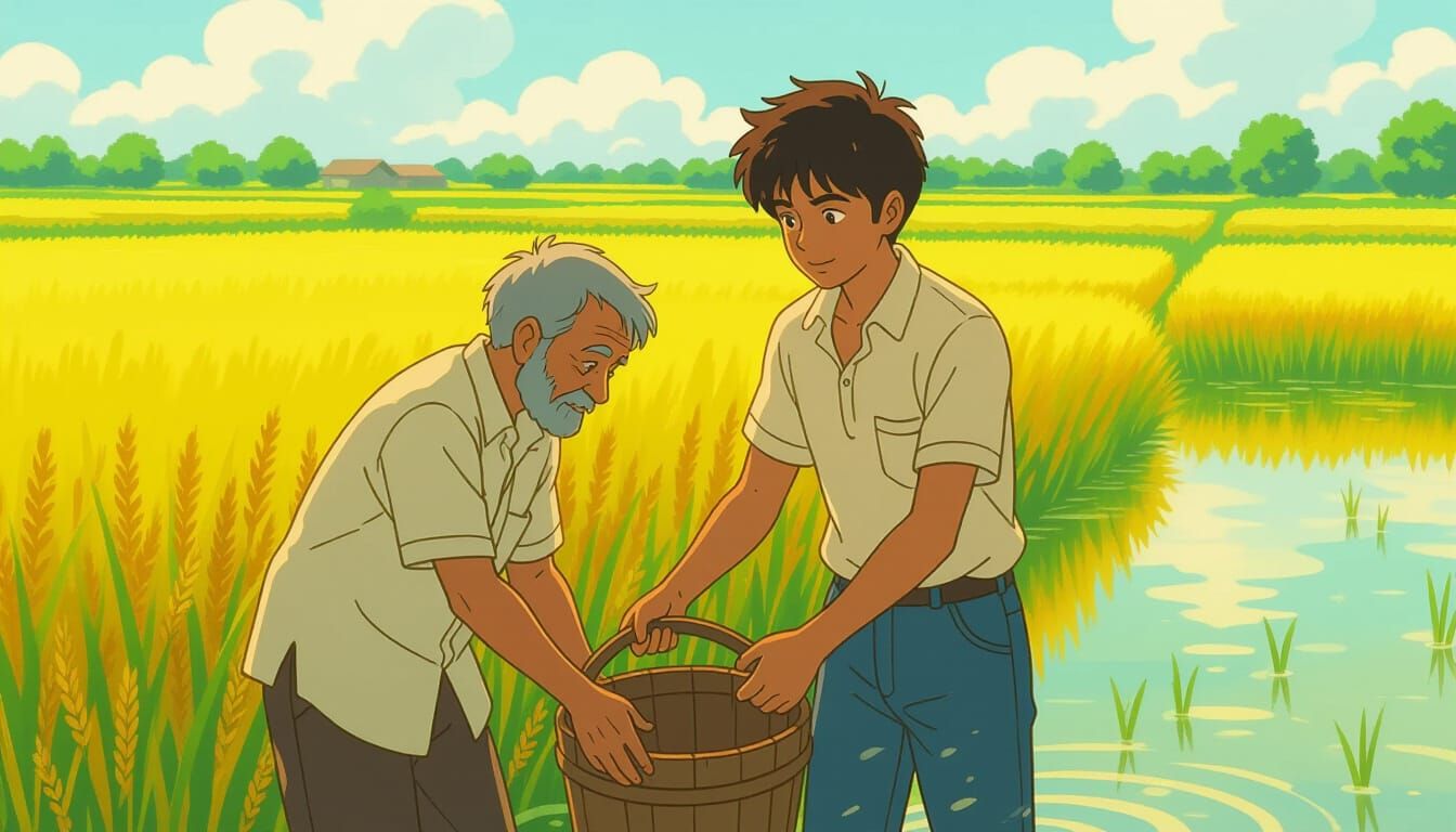 Young Indian Man Assists Farmer in Lush Rice Fields