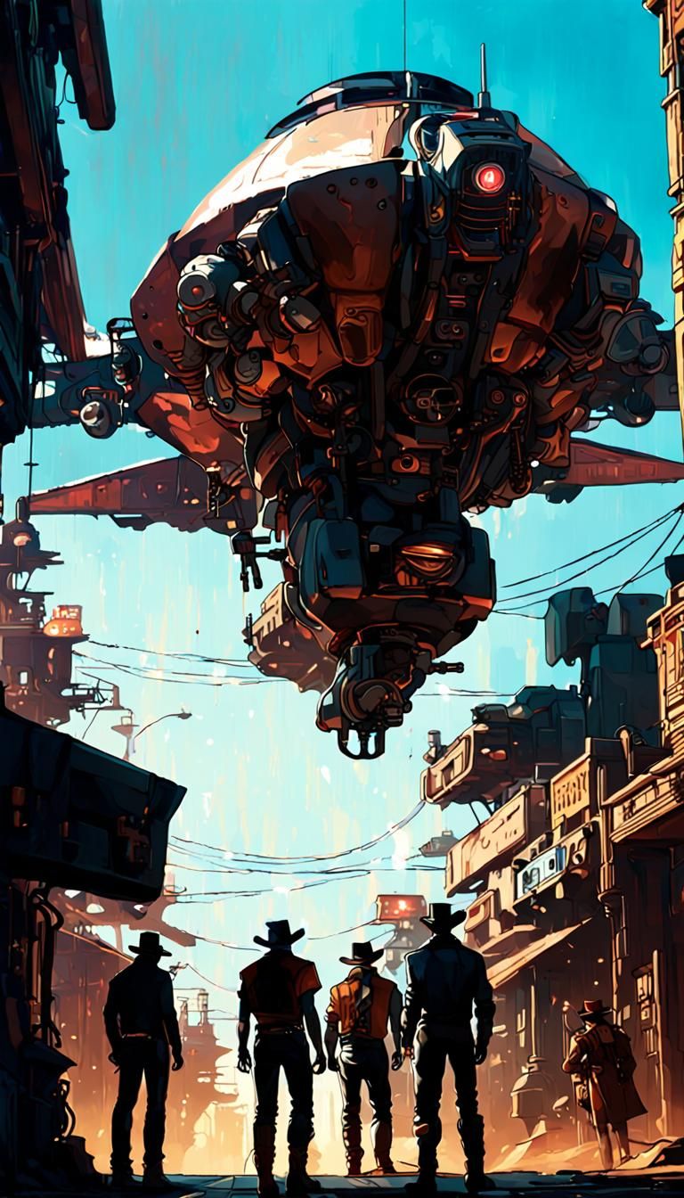 Cowboys and Robots Watch Spaceship in Cyberpunk West