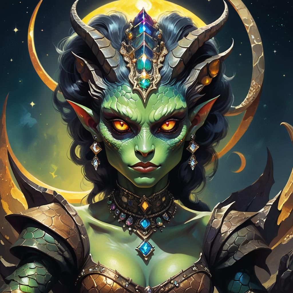 Reptilian Demon Girl Portrait in Impasto Style