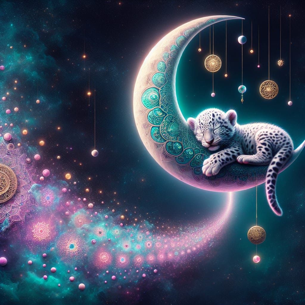 Enigmatic Fantasy Realm with Celestial Moon and Jaguar