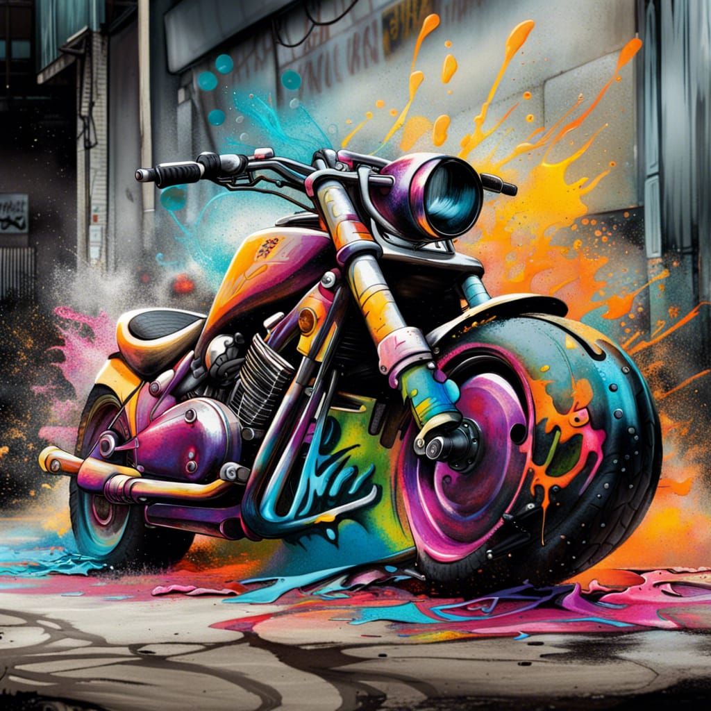 Motorcycle in Colorful Graffiti Street Art Style