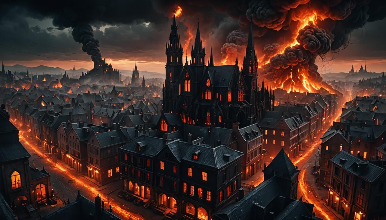 Surreal Hellish Town in Deep Matte Painting Style