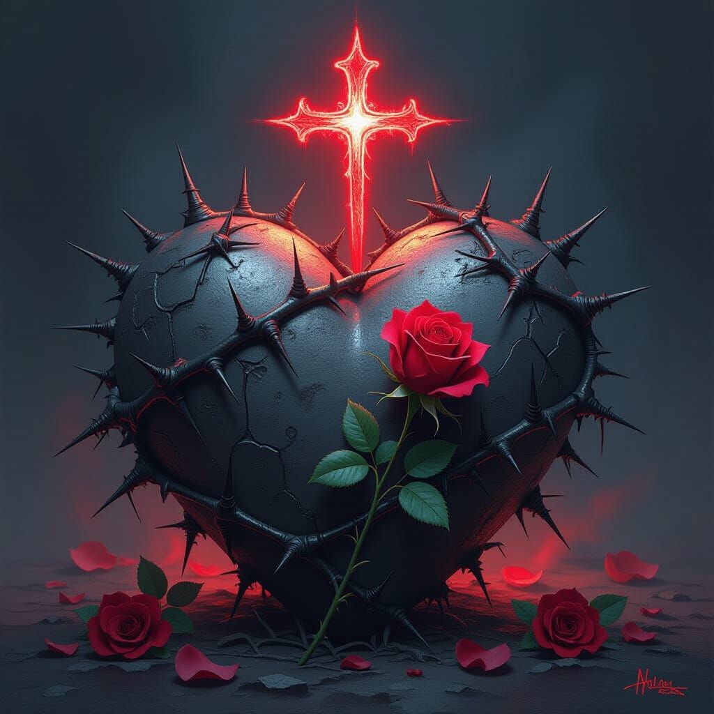 Gothic Metal Heart with Blooming Rose in Mystical Light