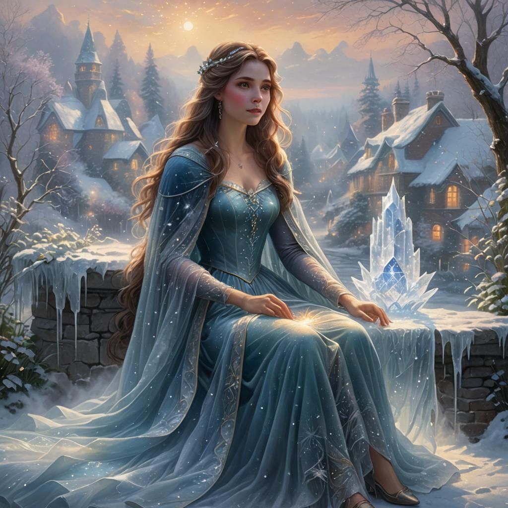 Ethereal Woman Creates Ice Crystals in Fantasy Style