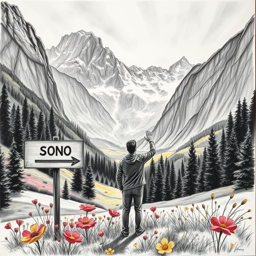 Alpine Valley Charcoal Drawing with Figure