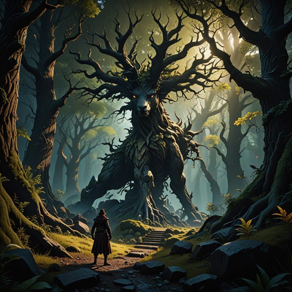 Regal Figure Emerges from Ancient Forest in Cinematic Digita...